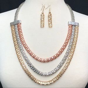 Long Tri-Tone Statement Necklace Earrings Set